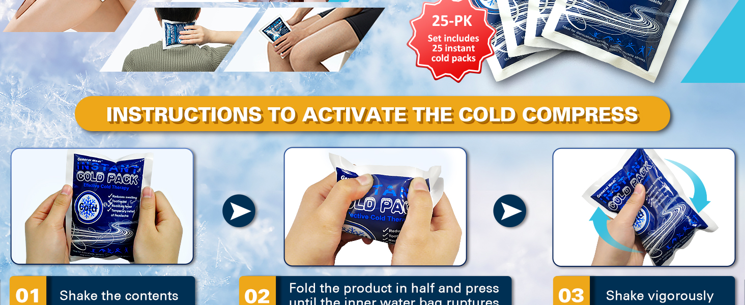 Instant Cold Pack (4 x 5.5 inches) – Set of 25 Disposable Cold Therapy Ice Packs for Pain Relief, Swelling, Inflammation, Sprains, Strained Muscles, Toothache