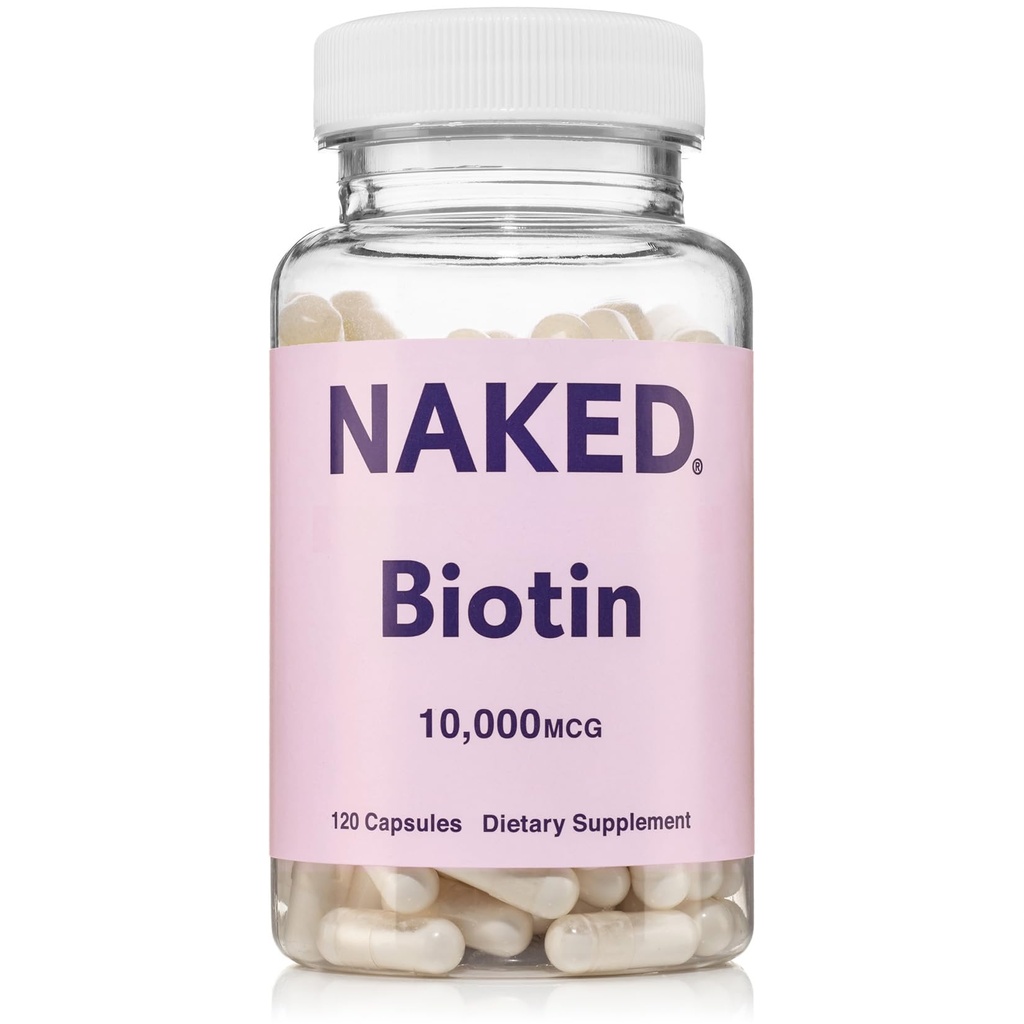 NAKED Biotin 10,000mcg - Max Strength Vitamin B7 Supplement for Healthy Hair, Skin & Nails Support - Non-GMO, Gluten-Free, Vegan - Supports Keratin Production - 120 Capsules