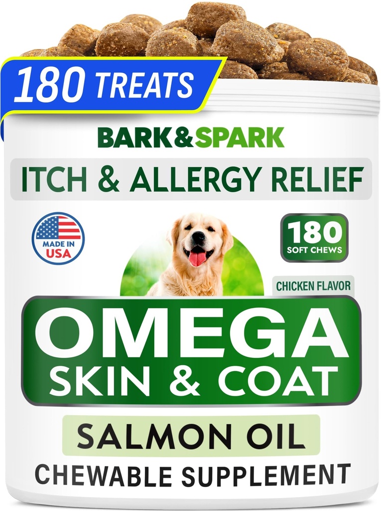 BARK&SPARK Omega 3 for Dogs - 180 Fish Oil Treats for Dog Shedding, Skin Allergy Chews, Itch Relief, Hot Spots Treatment - Joint Health - Skin and Coat Supplement - EPA & DHA Fatty Acids - Salmon Oil