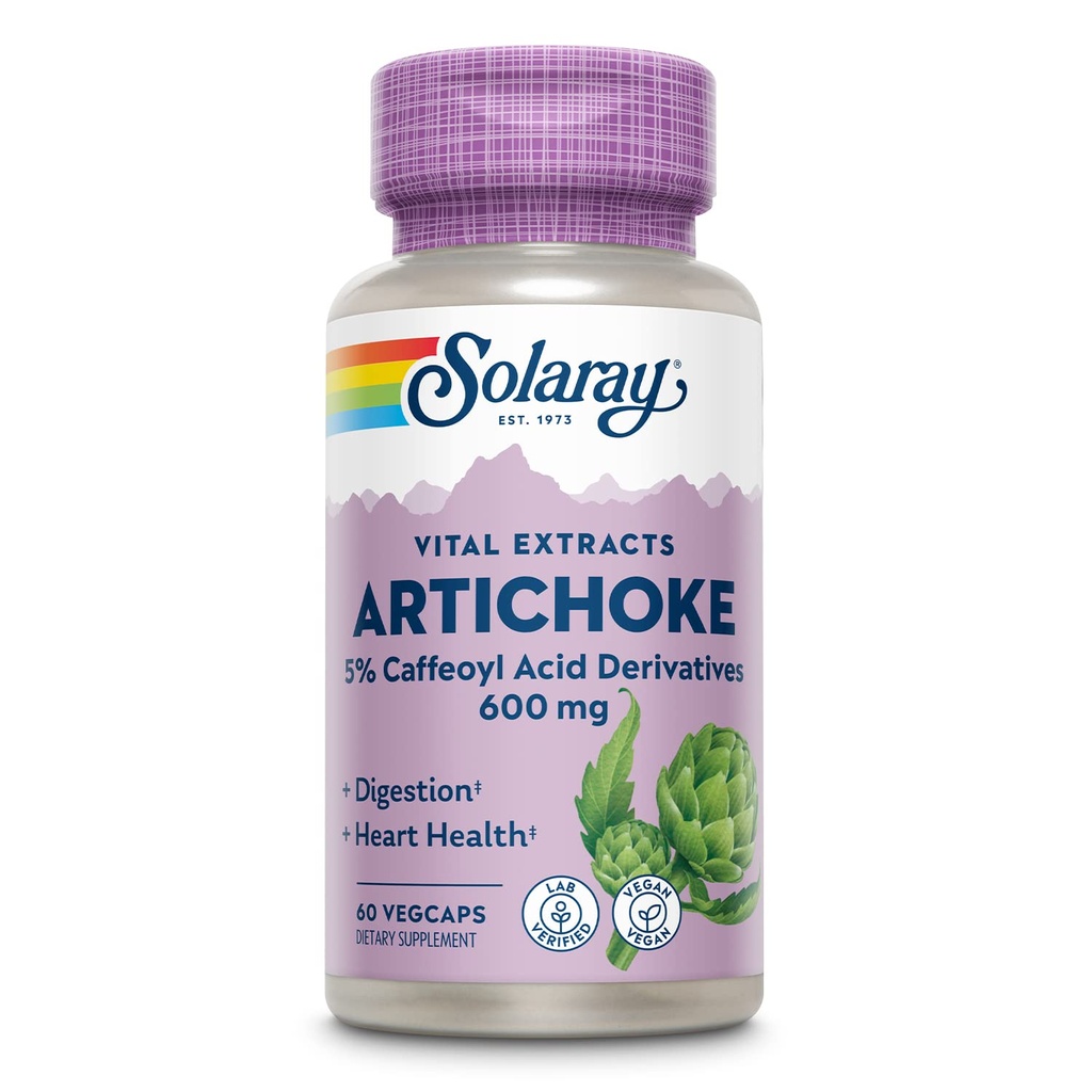 SOLARAY Artichoke Leaf Extract Capsules 600 mg - Artichoke Supplement for Men & Women, Supports Liver, Digestive & Heart Health, Herbal Support for Adults, Vegan - 60 Veg Caps