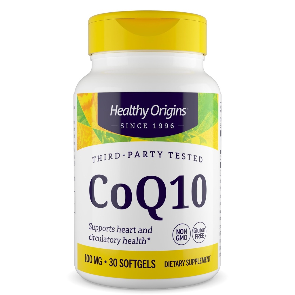 Healthy Origins CoQ10 100 mg, 30 Softgels - Natural Trans-Isomer Ubiquinone, Yeast Fermented High Bioavailability Coenzyme Q10 Supports Heart Health & Cellular Energy - Antioxidant Supplement
