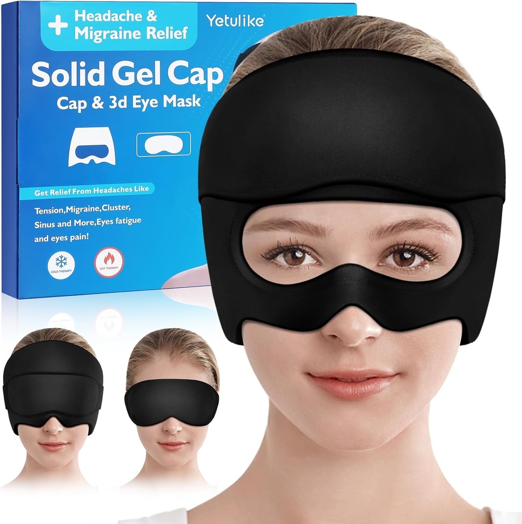Headache Relief Hat, Soothing Migraine Relief Cap Gel Ice Head Wrap Headache Eyes Mask for Sinus, Puffy Eyes, Tension and Stress Relief - Hot and Cold Therapy