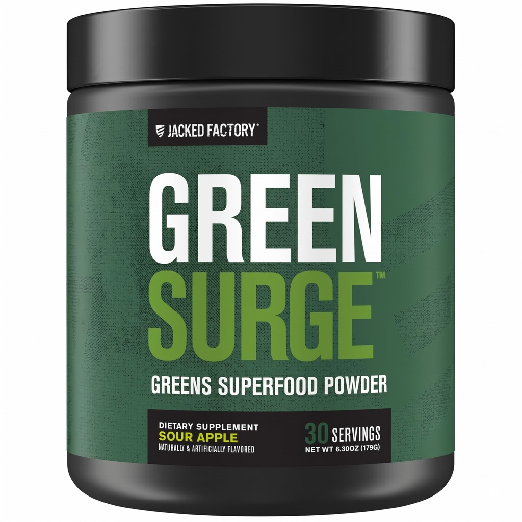 Jacked Factory Green Surge Green Superfood Powder- Keto Friendly Greens Drink w/Spirulina, Wheat & Barley Grass, Organic Greens - Green Tea Extract, Probiotics & Digestive Enzymes - Sour Apple