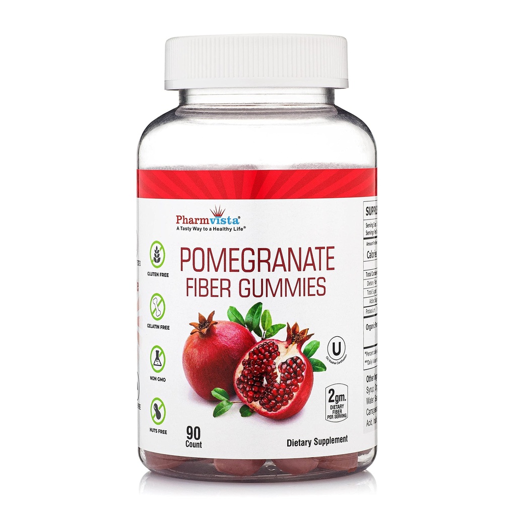 Pharmvista Pomegranate Fiber Gummies for Adults & Kids 100mg - Gluten Free Vegan Pomegranate Supplement Rich in Dietary Fiber Chewables Gummies- 90 Count