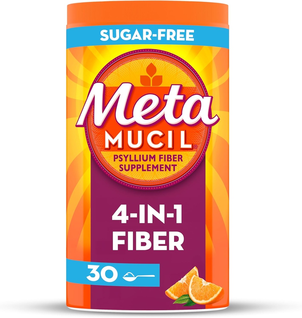 Metamucil 4 in 1 Daily Fiber Supplement Powder, Fiber Powder for Digestive Health and Regularity*, Sugar-Free, Orange, Naturally Sourced Psyllium Fiber, 30 teaspoons