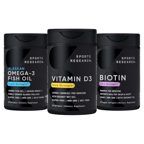 Sports Research® Body Wellness Pack - Triple Strength Omega-3 Fish Oil 1250mg from Wild Alaska Pollock, Vitamin D3 5000 IU with Coconut MCT Oil (125mcg) and Vegan Biotin 5000mcg Vitamin B7
