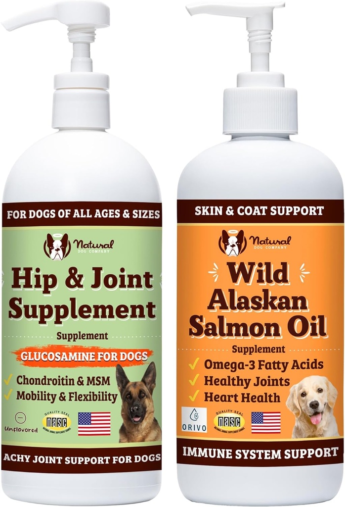 Natural Dog Company 32 oz. Bundle with Wild Alaskan Salmon Oil and Liquid Glucosamine for Dogs, Fish Oil Supplement, Joint and Hip Support