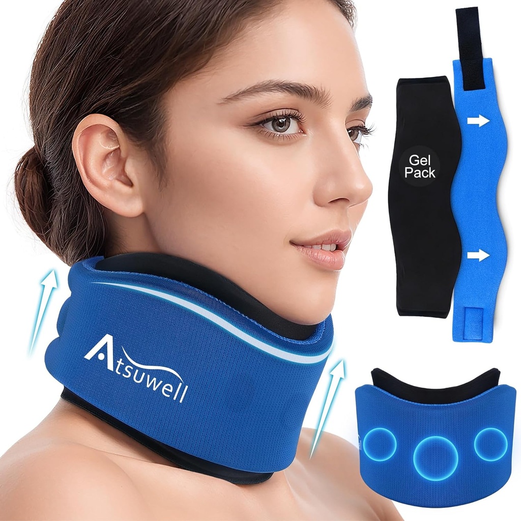 Atsuwell Neck Brace for Sleeping, Soft Cervical Collar for Support, Adjustable Neck Support Brace with Hot Cold Gel Packs Reusable for Office Pressure, Fatigue, Blue