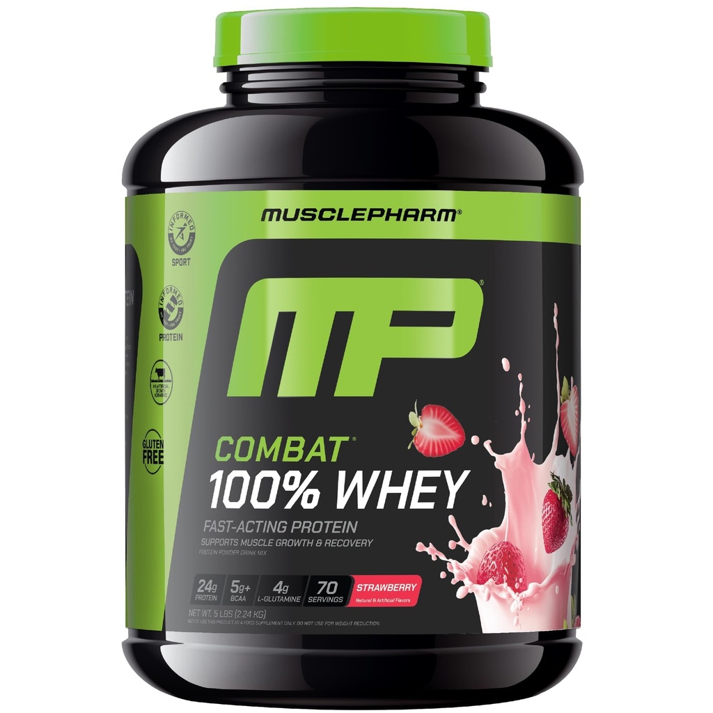 MusclePharm Combat 100% Whey Protein Powder, Strawberry Cream Flavor, Fast Recovery & Muscle Gain with Whey Protein Isolate, High Protein Powder for Women & Men, Gluten Free, 5 lb, 70 Servings