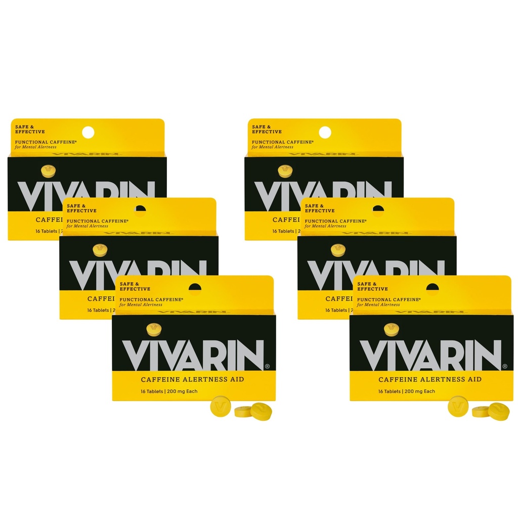 Vivarin, Caffeine Pills 200mg Caffeine per Dose, Safely and Effectively Helps You Stay Awake, No Sugar, Calories or Hidden Ingredients, Energy Supplement, 16 Tablets, Pack of 6
