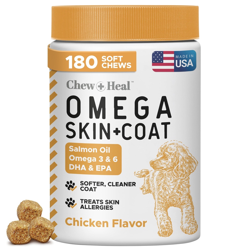 Omega 3 Fish Oil for Dogs - 180 Soft Chews for Itch Relief, Shedding & Hot Spots - Skin and Coat Supplement - Salmon Oil, EPA & DHA - Allergy Chews - Made in USA - Chew + Heal