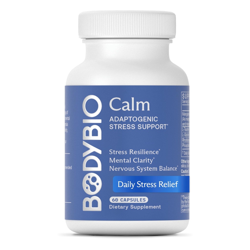 BodyBio Calm - Natural Stress Relief Blend with Rhodiola, Glycine & Phosphatidylserine - Supports Relaxation, Mental Focus & Balanced Cortisol - Non - Drowsy Formula 60 Capsules