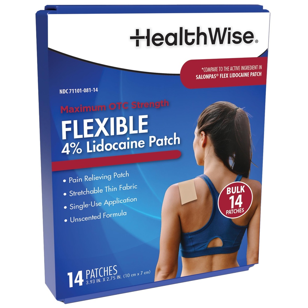 HealthWise Lidocaine Flexible Pain Patch | 4% OTC Lidocaine | 14-Count | Paraben-Free Formula | Temporarily Soothes Minor Aches and Pains | Unscented Formula