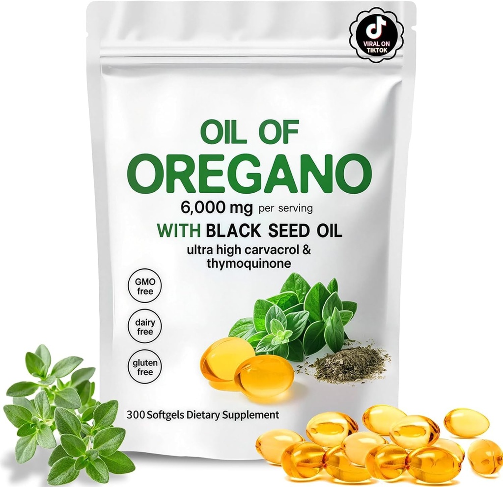 Oil of Oregano with Black Seed Oil,3-in-1 Oregano Oil Capsules Organic,6000mg Per Serving,300 Softgels,4X Strength Carvacrol & Thymoquinone,Non-GMO,Gluten Free & Immune Support