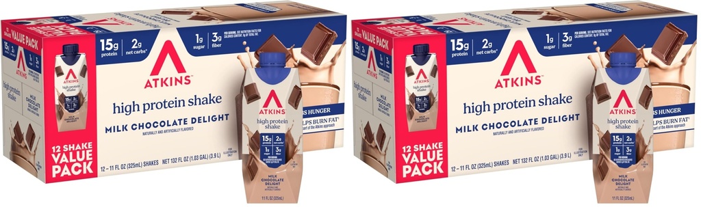 Atkins Milk Chocolate Delight Protein Shake, 15g Protein, Low Glycemic, 2g Net Carb, 1g Sugar, Keto Friendly, 12 Count (Pack of 2)