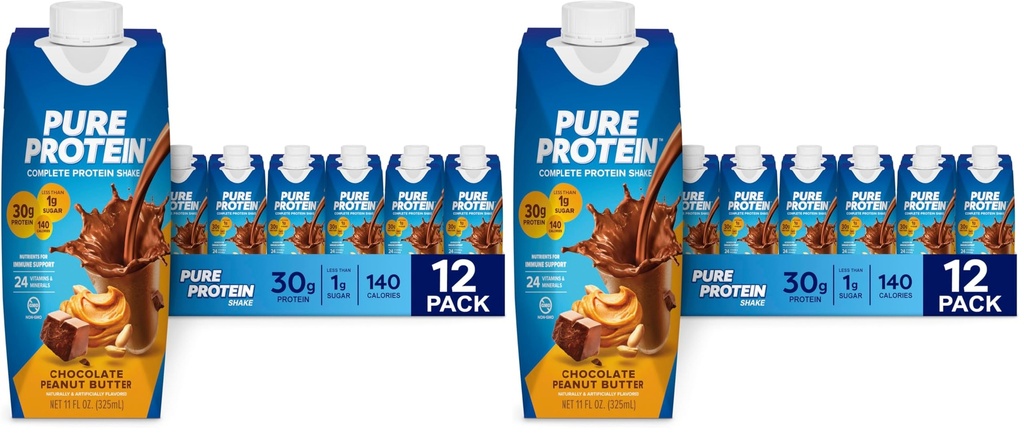 Pure Protein Complete Shake, Chocolate Peanut Butter, 30g High Protein-Drink, Less than 1g Sugar, 3g Fiber, Ready to Drink, Non GMO, On-the-Go Shakes, 11oz Bottles, (Pack of 24)