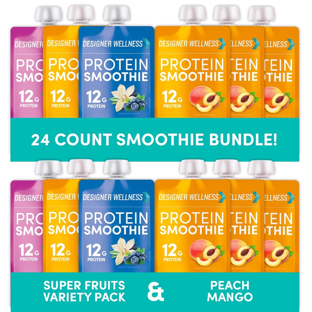 Designer Wellness Protein Smoothies Super Fruits Variety and Peach Mango Bundle