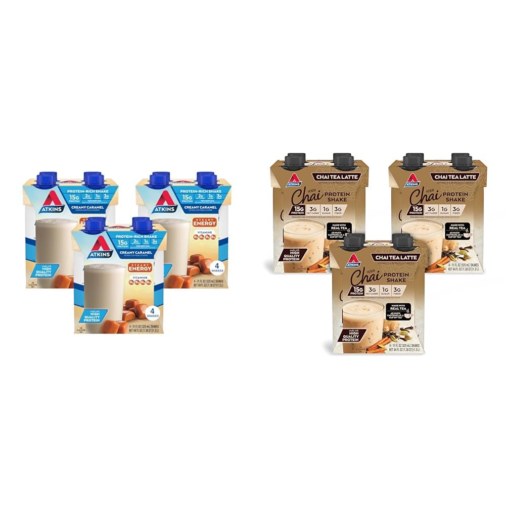 Atkins Energy Shake Creamy Caramel with B Vitamins and Protein, Keto-Friendly and Gluten Free 4 Count(Pack of 3) Bundle with Atkins Chai Tea Latte Protein Shake, 15g Protein, Low Glycemic