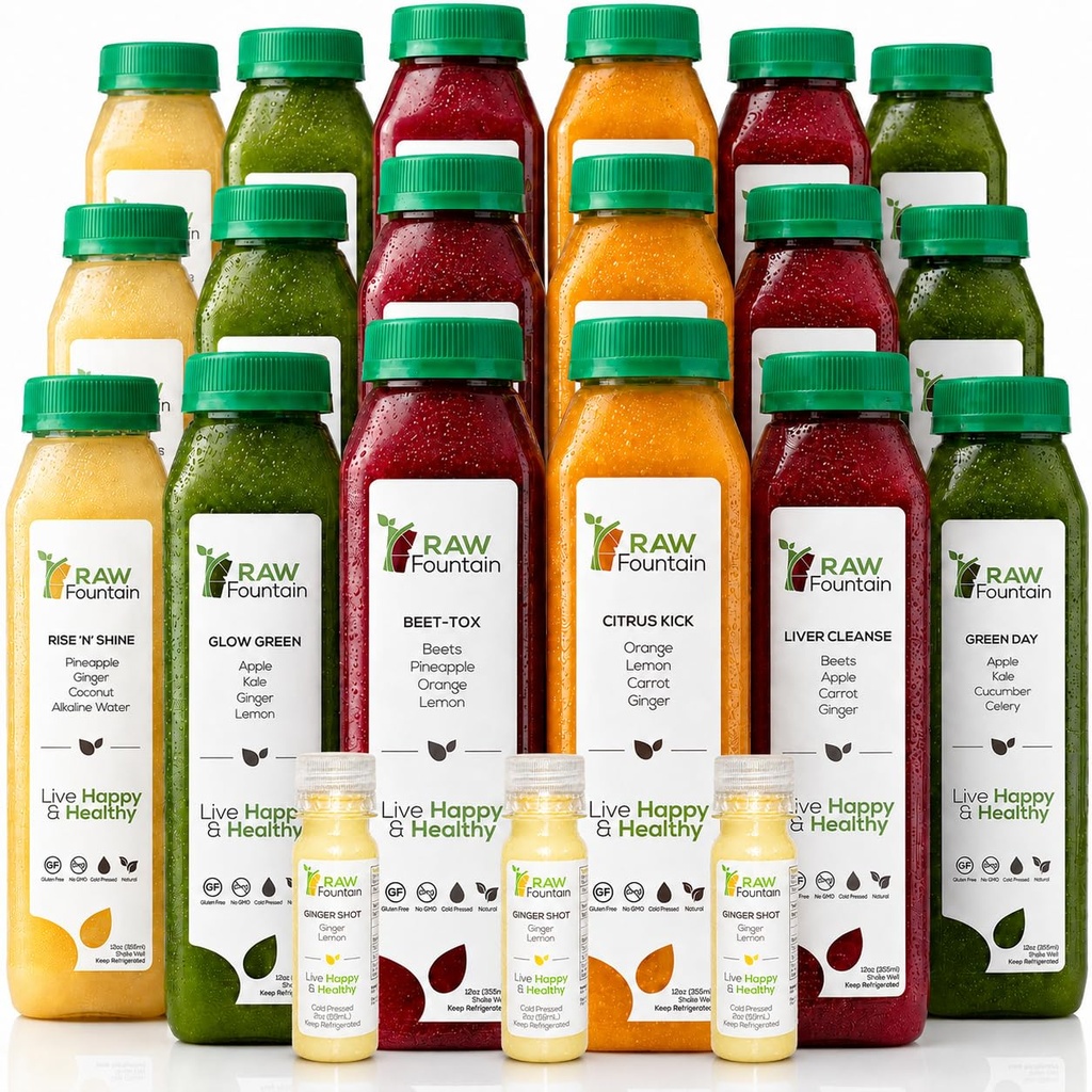 3 Day Juice Cleanse by Raw Fountain, All Natural Raw Detox Cleanse, Cold Pressed Juice Fast, Great Way to Jumpstart a Healthy Diet, Kosher, Vegan, NO Sugar Added, 18 Bottles 12oz, 3 Ginger Shots 2oz