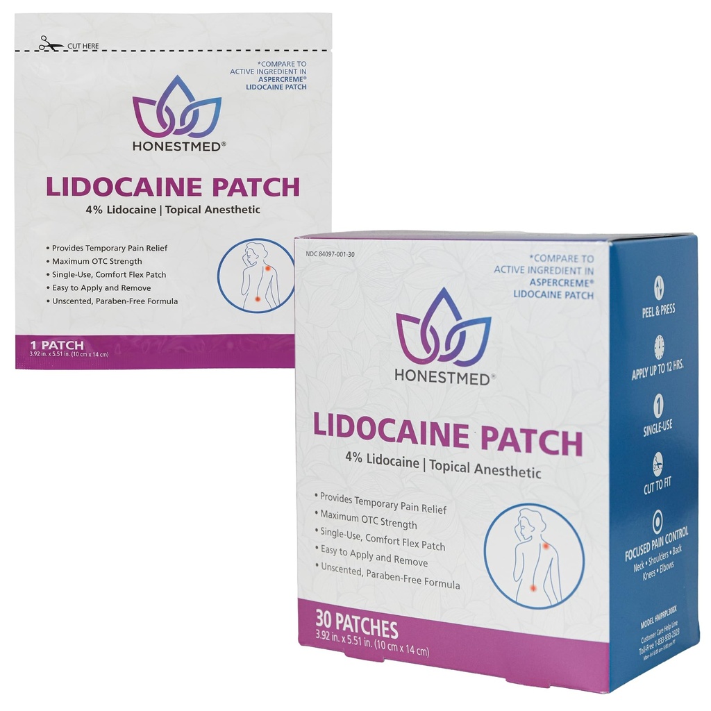 HONESTMED Maximum Strength OTC Pain Relief Patch - 4% Lidocaine Patches for Back, Knee, Neck, Joints & Muscle Soreness, Unscented - 3.9” x 5.5”, Individually Packaged Single Use, 30 Count Box