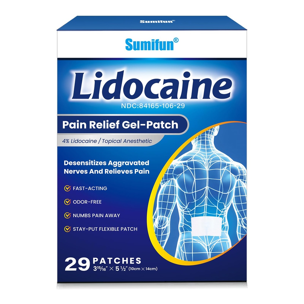 Sumifun Lidocaine Numbing Pain Patches - Maximum OTC Strength Pain Relief for Simple Backache, Muscle Sore, Joint Pain, Sprain, Strain, Fast Acting & 8 Hours Long Lasting (Large, 29 Count)