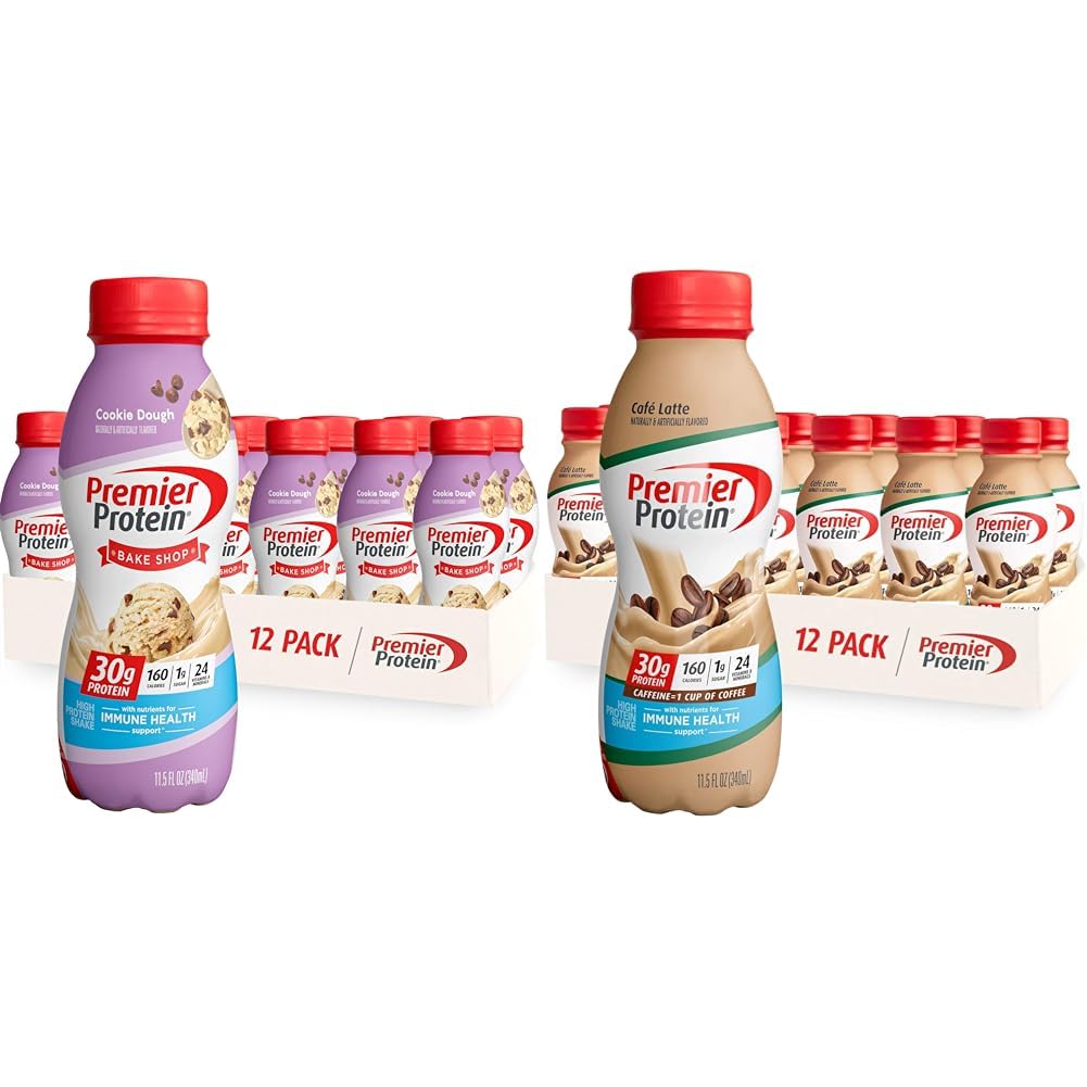 Premier Protein Shake, Cookie Dough & Café Latte, 30g Protein, 11.5 Fl Oz, 12 Pack Bundle