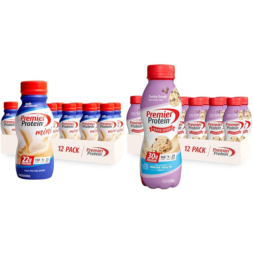 Premier Protein Shake MINIs, Vanilla, 22g Protein, 120 Calories, 1g Sugar, 8.75fl oz, Pack of 12 & Shake, Cookie Dough, 11.5 Fl Oz (12 Pack), 30g Protein, 1g Sugar, 3g Carbs