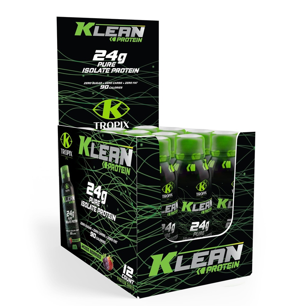 KTROPIX Klean Protein Shot – 24g Whey Protein Isolate, Zero Sugar, Zero Carbs, No Caffeine, Fast-Absorbing Liquid Protein for Muscle Recovery & On-the-Go Nutrition (Mixed Berries, 3.4oz) - Pack of 12