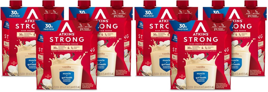 Atkins Strong High Protein Shake,Vanilla Flavored,30g Protein,Low Carb and Low Sugar Shake,Keto Friendly,Gluten Free,Muscle and Gut Health Support Complex,(Pack of 24)