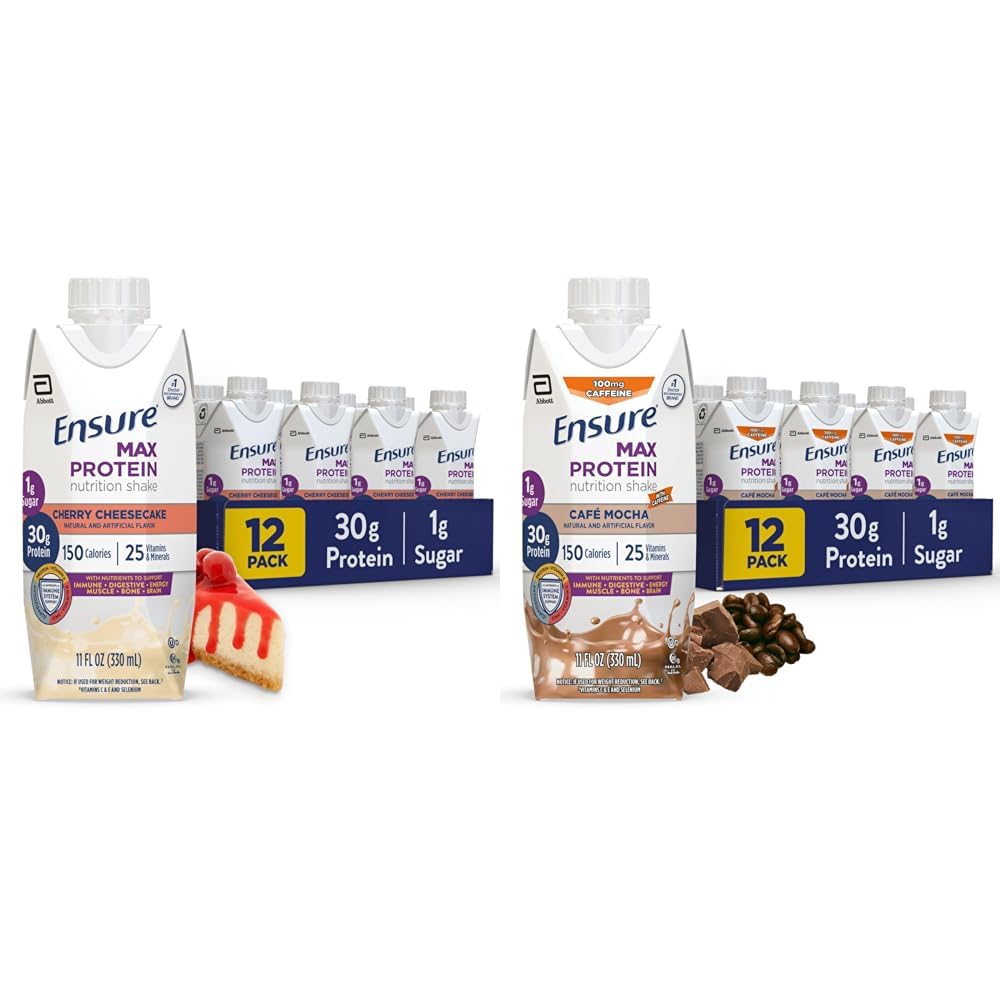 Ensure Max Protein Nutrition Shake with 30g Protein, Cherry Cheesecake & Cafe Mocha Flavors, Pack of 12, 11 fl oz