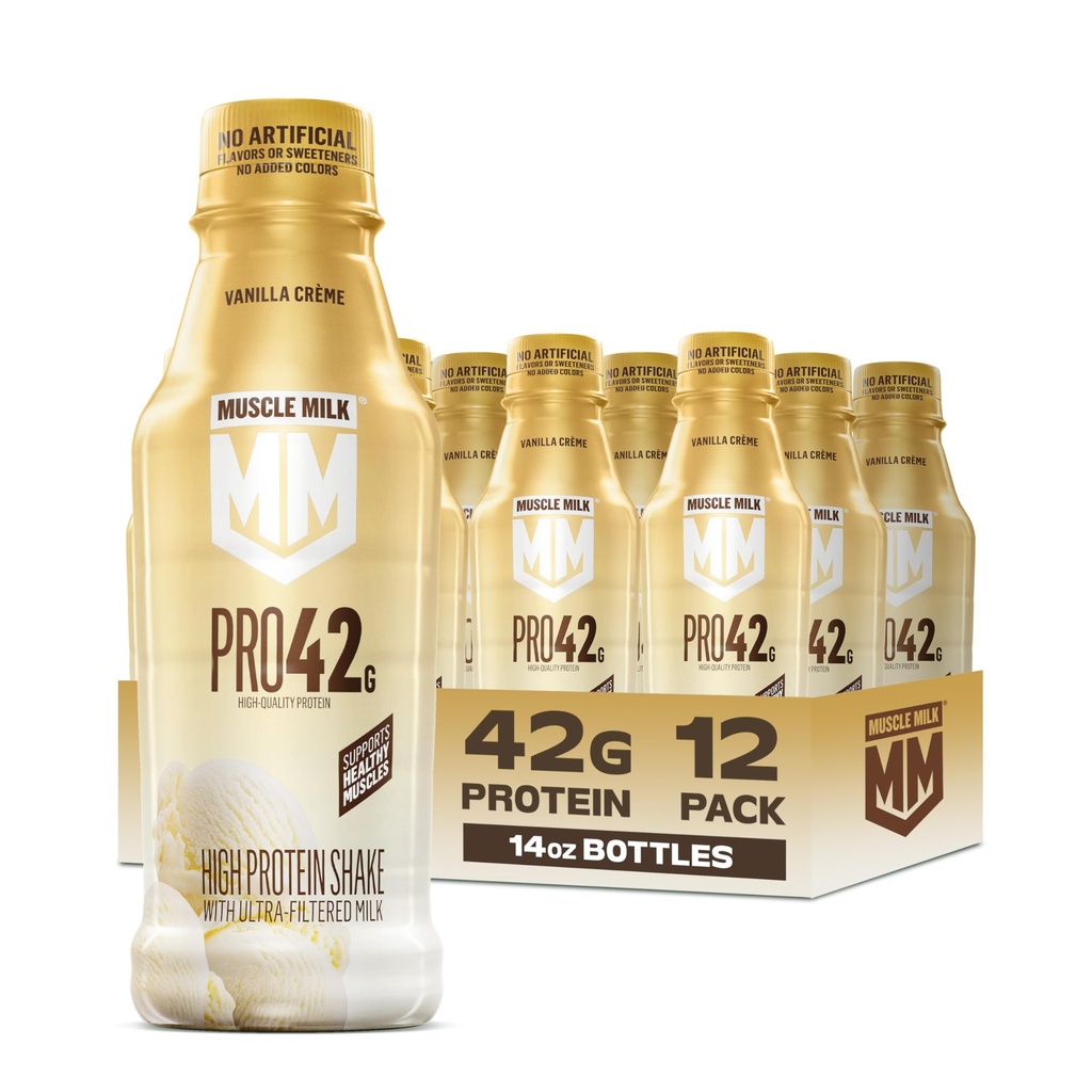 Muscle Milk Pro High Protein Shake, Vanilla Creme, 14 fl oz Bottles, (12 Pack) Ultra-Filtered Milk, 42g High Quality Protein, 4g Sugar, 240 Calories, No Artificial Flavors, No Artificial Sweeteners, No Added Colors