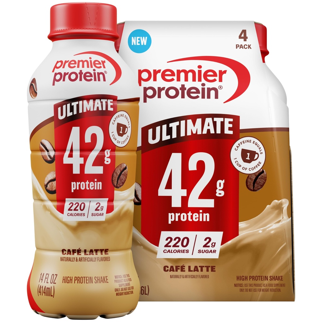 Premier Protein ULTIMATE High Protein Shake, 42g Protein, 2g Sugar, Café Latte, 14 fl oz (4 Pack)