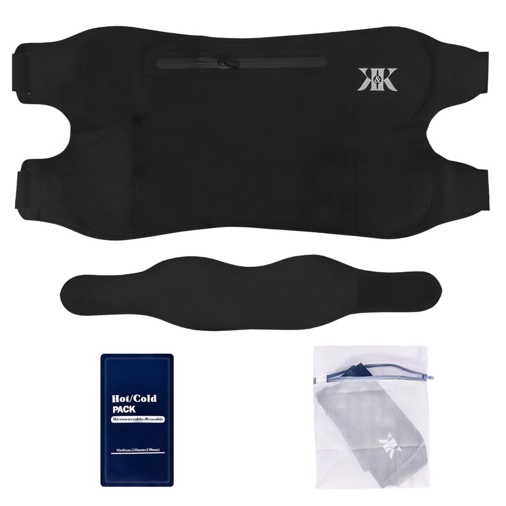 Castor Oil Pack Wrap Kit for Abdomen - Reusable Castor Oil Compress Set, Seamless Leak-Resistant 4-Layer Design with Waist & Neck Wrap for Women & Men - Includes Hot/Cold Pack - Black S/M
