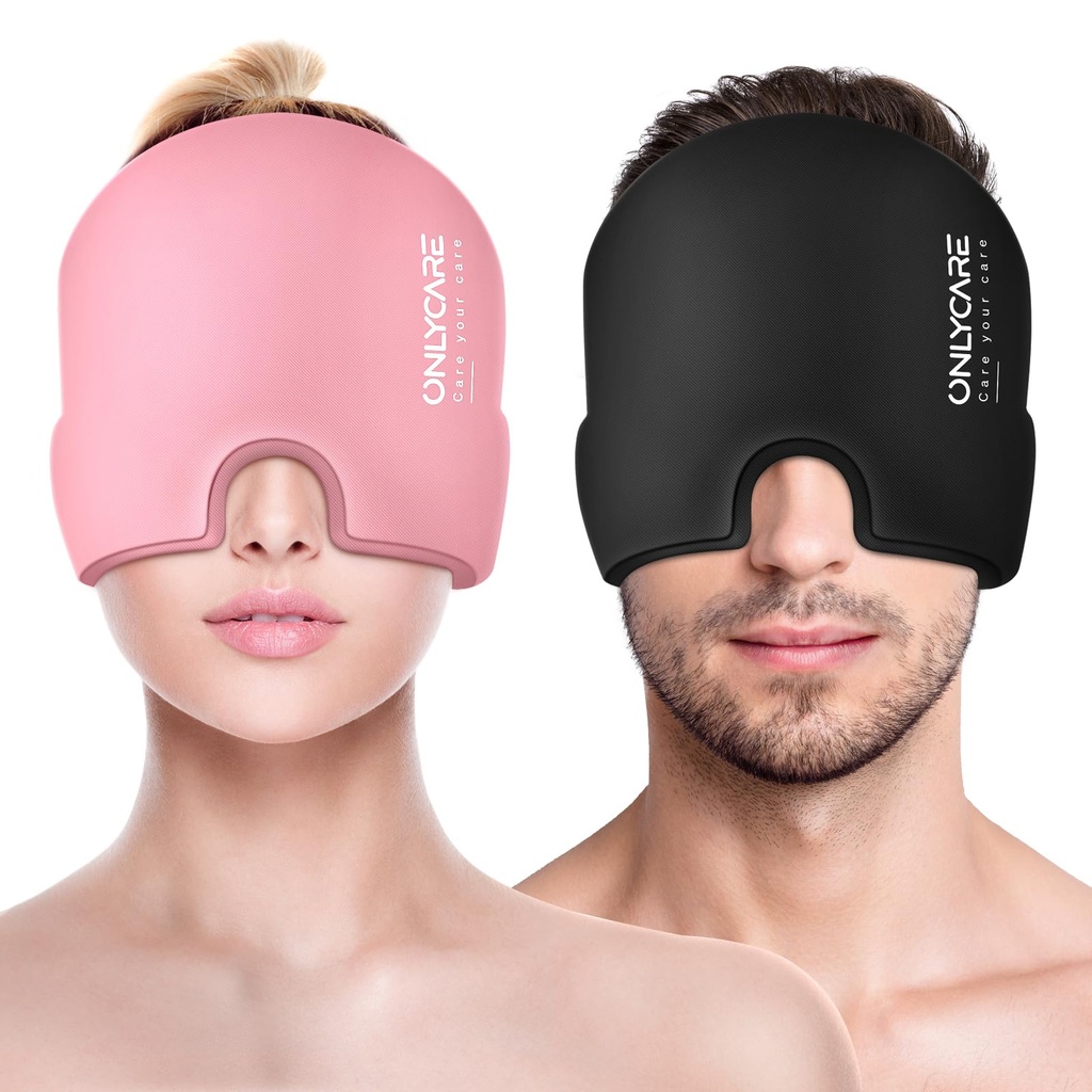 ONLYCARE Migraine Relief Cap, Soothing Headache Relief Cap, Upgraded Odorless Gel Ice Head Wrap, Hot and Cold Therapy, Headache Ice Pack for Tension and Stress(Pink & Black 2 Pack)