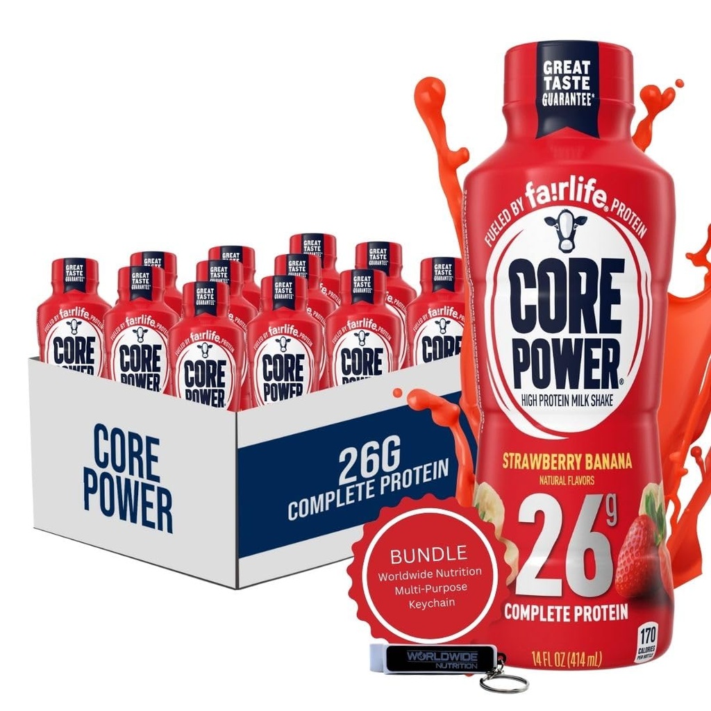 Worldwide Nutrition Bundle Compatible with Core Power Fairlife 26g Protein Milk Shakes - Ready To Drink for Workout Recovery - Strawberry Banana Flavor, 14 Fl Oz (Pack of 12) with Keychain
