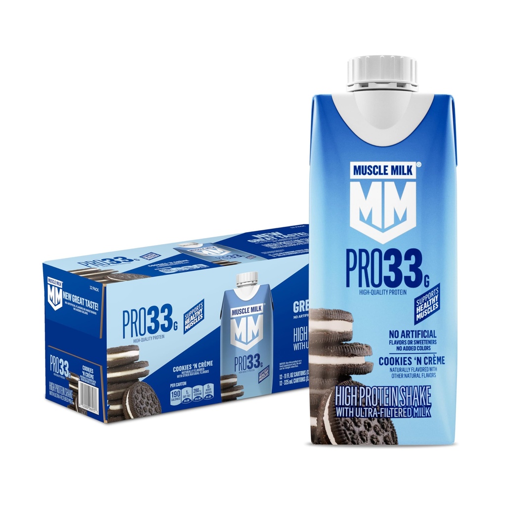 Muscle Milk Pro High Protein Shake, Cookies 'n Creme, 11 fl oz Cartons, (12 Pack) Ultra Filtered Milk, 33g High Quality Protein Shake, 3g Sugar, 200 Calories, No Artificial Flavors or Artificial Sweeteners, No Added Colors