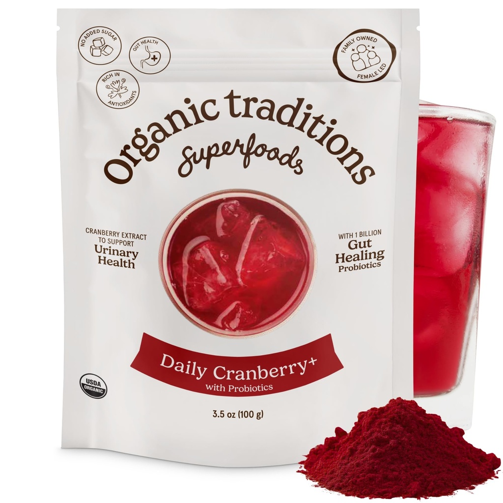 Organic Traditions Cranberry Powder, Organic Cranberry Juice Powder with Cranberries and Probiotics, No Added Sugar, Plant-Based Powder for Smoothies and Recipes, Vegan Non-GMO, 100g / 3.5oz Bag