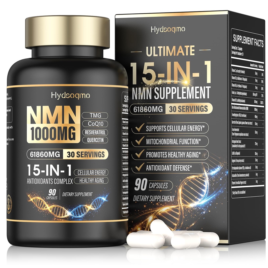 15-IN-1 NMN Supplement 1000mg Per Serving with Resveratrol, TMG, Ubiquinol CoQ10, PQQ & Quercetin – NAD Resveratrol Supplement for Cellular Energy & Healthy Aging Support, NAD Supplement, 90 Capsules