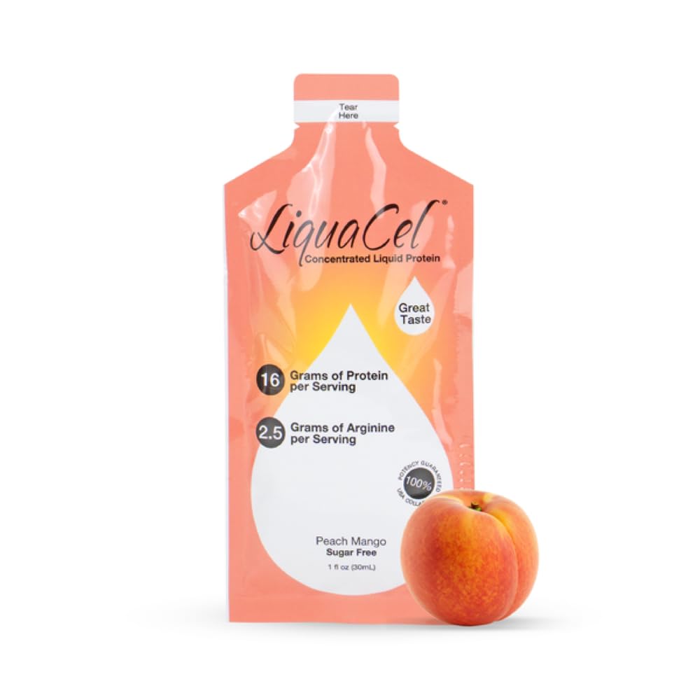 LiquaCel Concentrated Liquid Protein, Peach Mango Flavor, 16g Hydrolyzed Collagen Protein and 2.5g Arginine Per Single-Serving Packet, Sugar & Gluten Free, 1fl oz Packets, 100ct Case