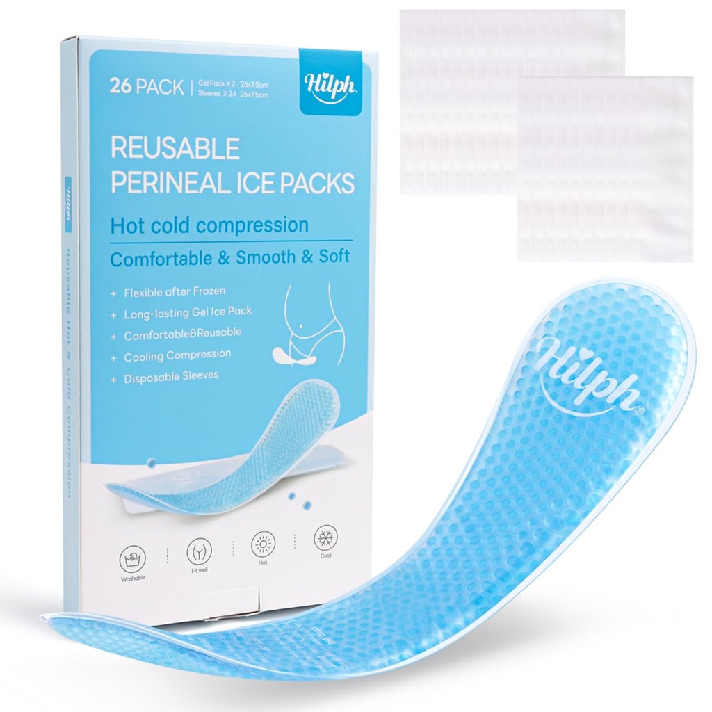 Hilph Perineal Ice Packs for Postpartum Hemorrhoid Pain Relief, Blue | Reusable 2 Perineal Cooling Pads with 24Pcs Disposable Sleeves for Women After Pregnancy Delivery, Essentials Postpartum Care