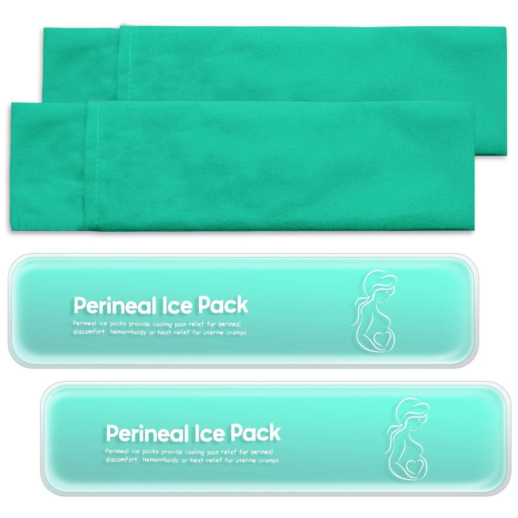 Perineal Cooling Pad, 2 Reusable Gel Ice Packs with 2 Soft Sleeves & Resealable Bag, Cold Therapy for Postpartum Comfort, Hemorrhoid Cooling & Post-Surgery, Hot or Cold Use, Green