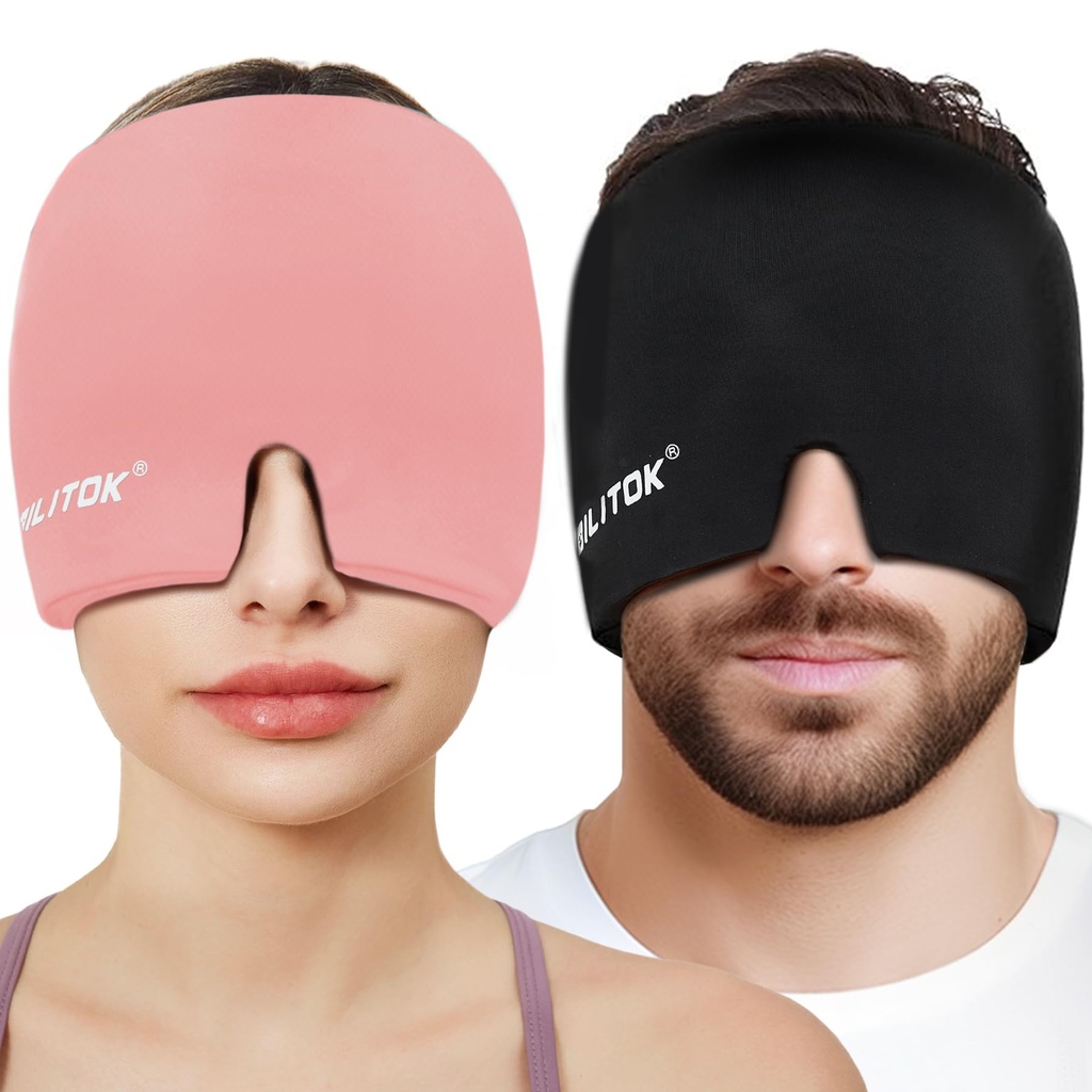 Migraine Relief Gel Ice Head Wrap, Hot and Cold Therapy Headache Relief Hat, Migraine Cap for Puffy Eyes, Headache Eyes Mask for Sinus, Tension and Stress Relief (Black & Pink)