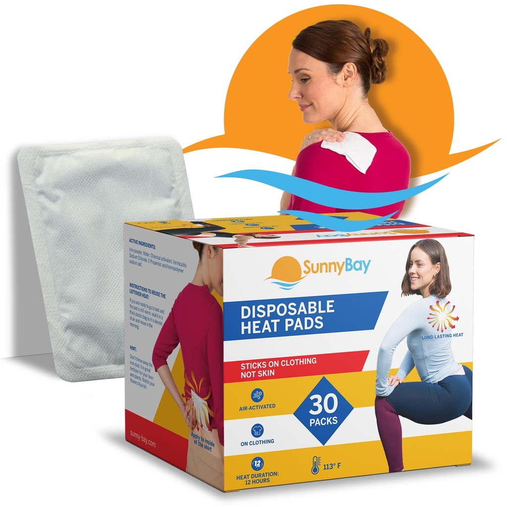 SunnyBay Adhesive Heat Patches for Neck, Knee, and Upper or Lower Back, Air-Activated Heat Pads for Menstrual Cramps, Stiffness, Sprains, and More, Stick to Clothing, 5x3 inches, 30 Count