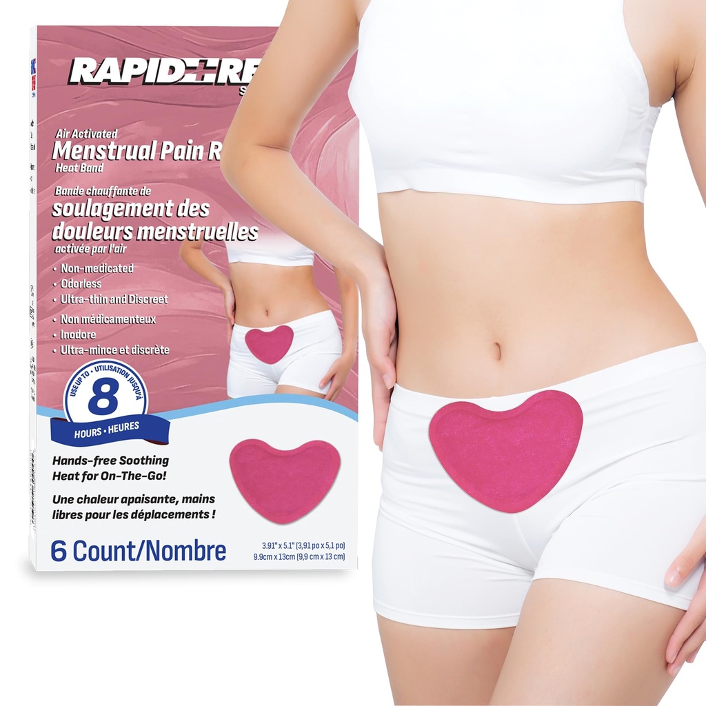Rapid Relief Air Activated Menstrual Heat Patch, Heart Period Patch 6 Count | Period Cramp Relief, Ultra-Thin, Odorless, Discreet, Up To 8 Hours of Heat Therapy, Disposable, Worn Over Undergarments