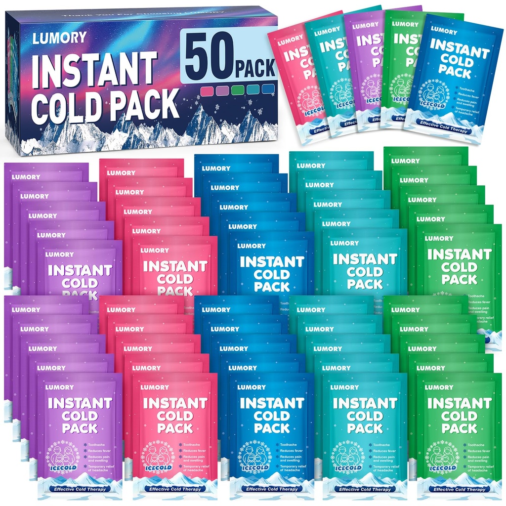 50 Pack Instant Ice Cold Pack 4"×6",5 Colors Disposable Ice Packs