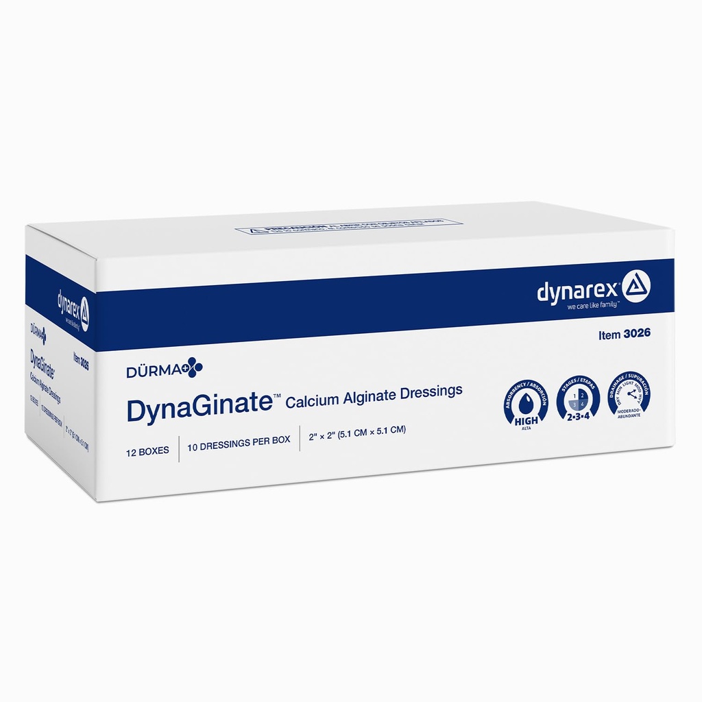Dynarex Dürma+ DynaGinate™ Calcium Alginate Dressing, Super Absorbent Wound Dressing, Soft Gel for Moist Healing, 2" x 2", 10 per Box, 12 Boxes per Case