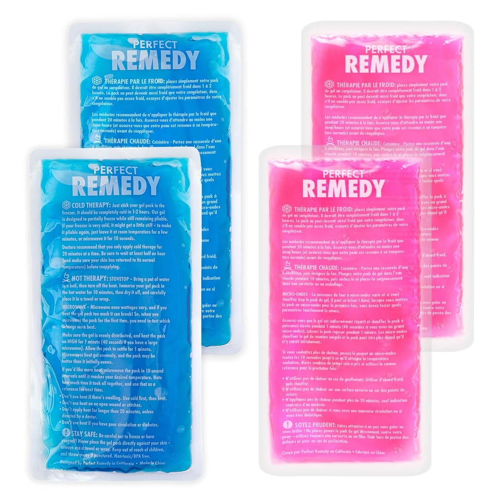Perfect Remedy Rectangle Gel Ice Pack Bundle, Hot & Cold Ice Packs for Injuries Reusable for Body Tension & Muscle Pain Relief, Soft, Flexible & Adapts to Any Area (Blue, Large 2PK + Pink, Large 2PK)