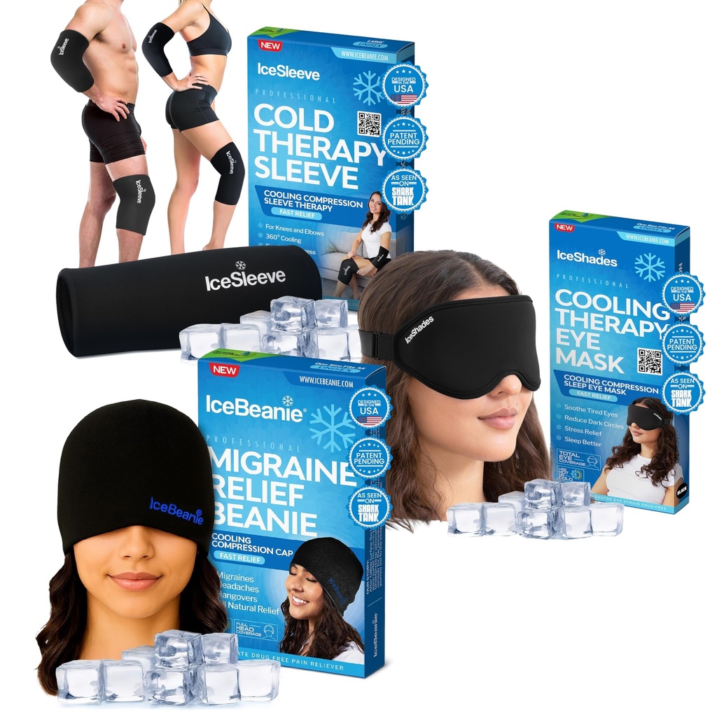 IceBeanie Cold Therapy Bundle with Cap, Eye Mask & Small-Medium Ice Sleeve