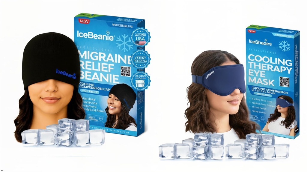 IceBeanie Migraine Relief Cap + IceShades Cooling Gel Eye Mask Black + Blue Bundle – Headache, Migraine & Tension Relief, Hangover Recovery, Reusable Cold Gel Pack for Head & Eyes
