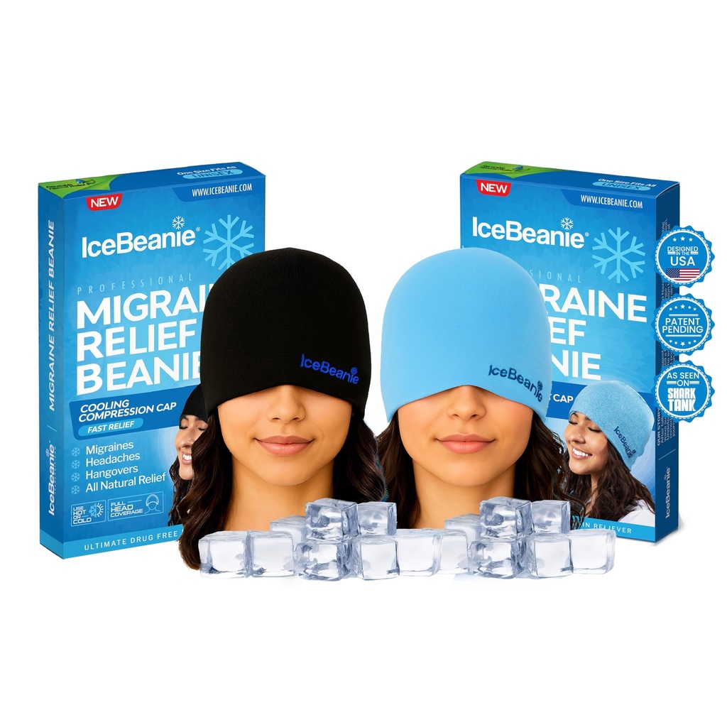 IceBeanie Migraine Relief Cap Bundle with Black & Blue Caps, Gel Ice Hat